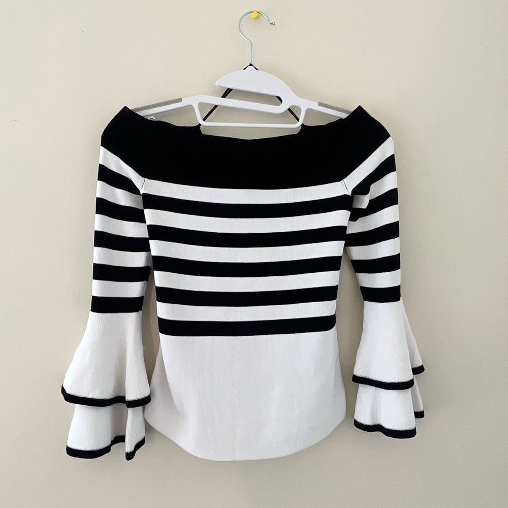 NWT Scripted Black and White Striped Bell Sleeve Sweater